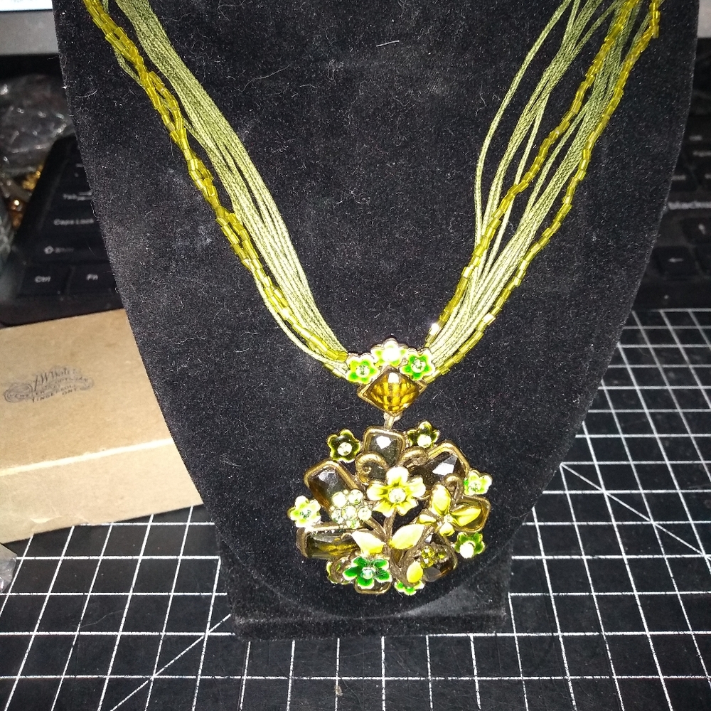 Green Multi Strand Necklace with Enamel & Glass Flowery Pendant, Green &…